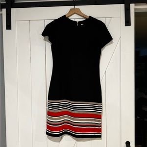 Calvin Klein short sleeve black sheath dress with red & khaki stripes